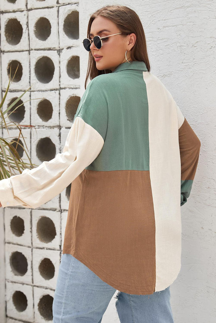 Plus Size Collared Neck Color Block Raw Hem Shirt - Lucianne Boutique