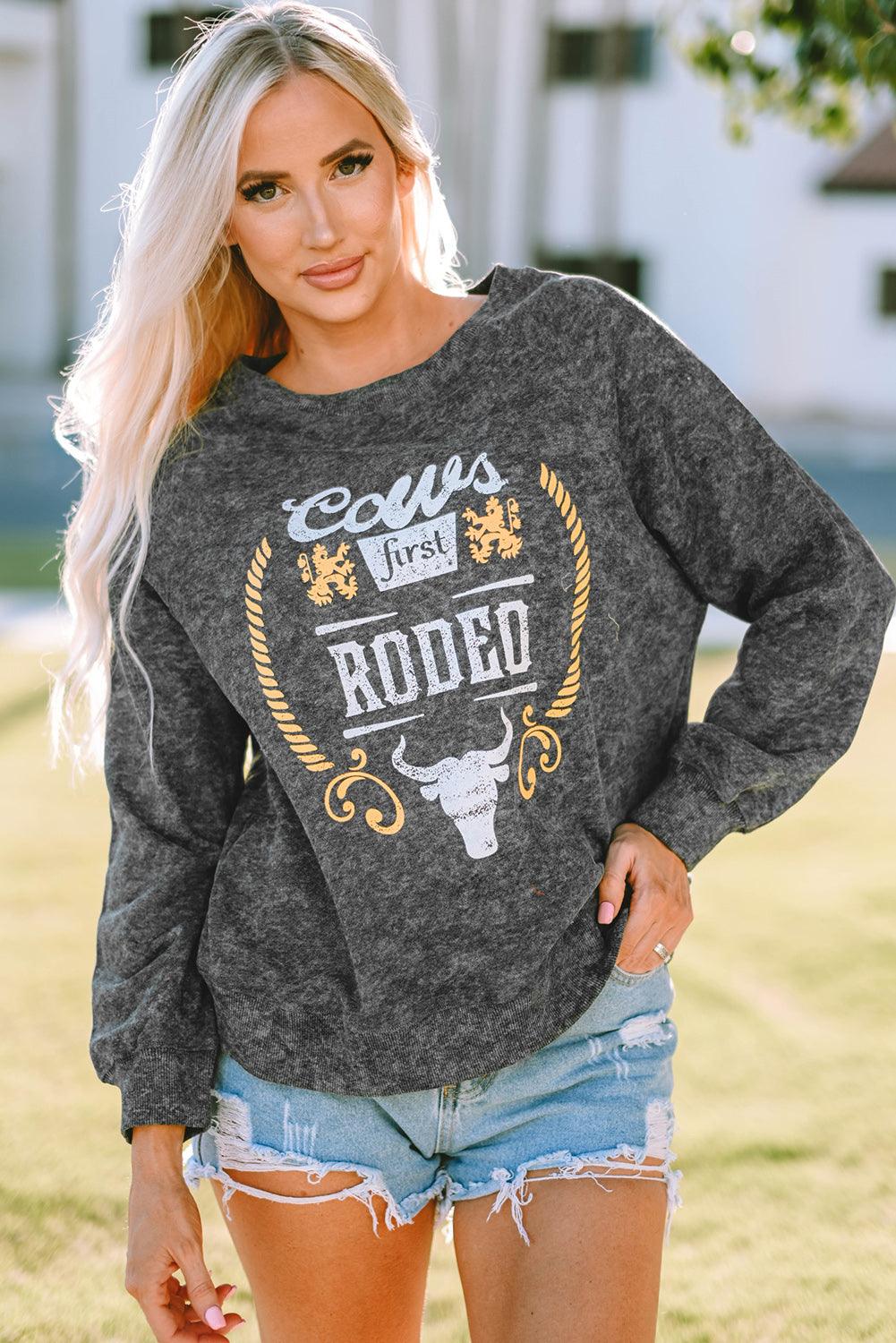 Mineral Washed COW'S FIRST RODEO Round Neck Raglan Sleeve Sweatshirt - Lucianne Boutique