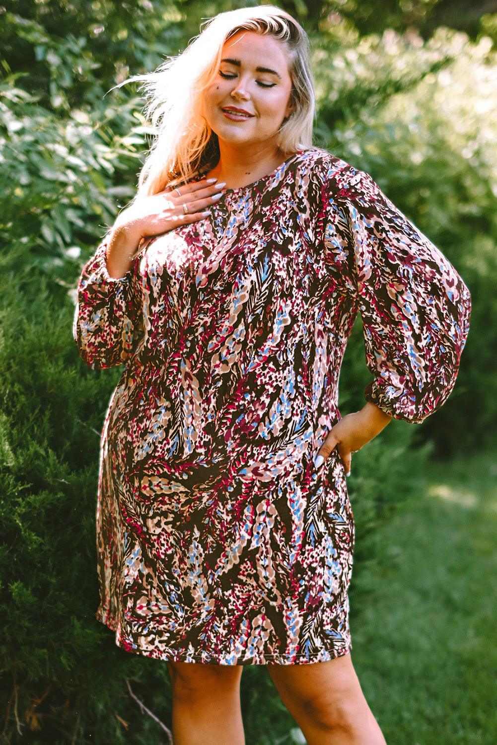 Plus Size Printed Round Neck Long Sleeve Mini Dress - Lucianne Boutique