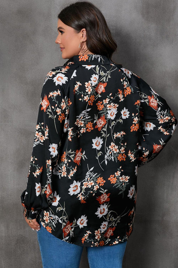 Plus Size Printed Johnny Collar Long Sleeve Blouse - Lucianne Boutique
