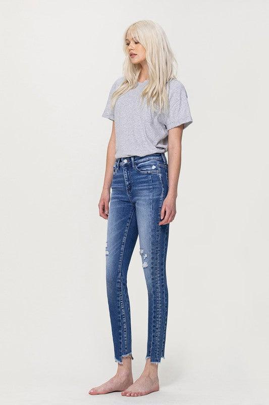 HIGH RISE ANKLE SKINNY W UNEVEN HEM DETAIL - Lucianne Boutique