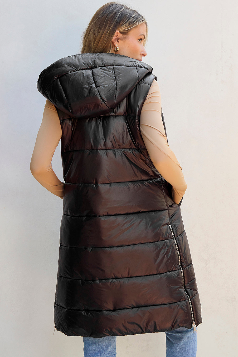 Longline Hooded Sleeveless Puffer Vest