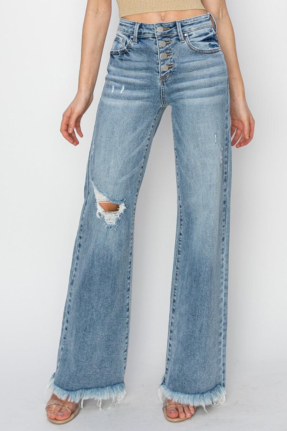 RISEN Mid Rise Button Fly Wide Leg Jeans - Lucianne Boutique