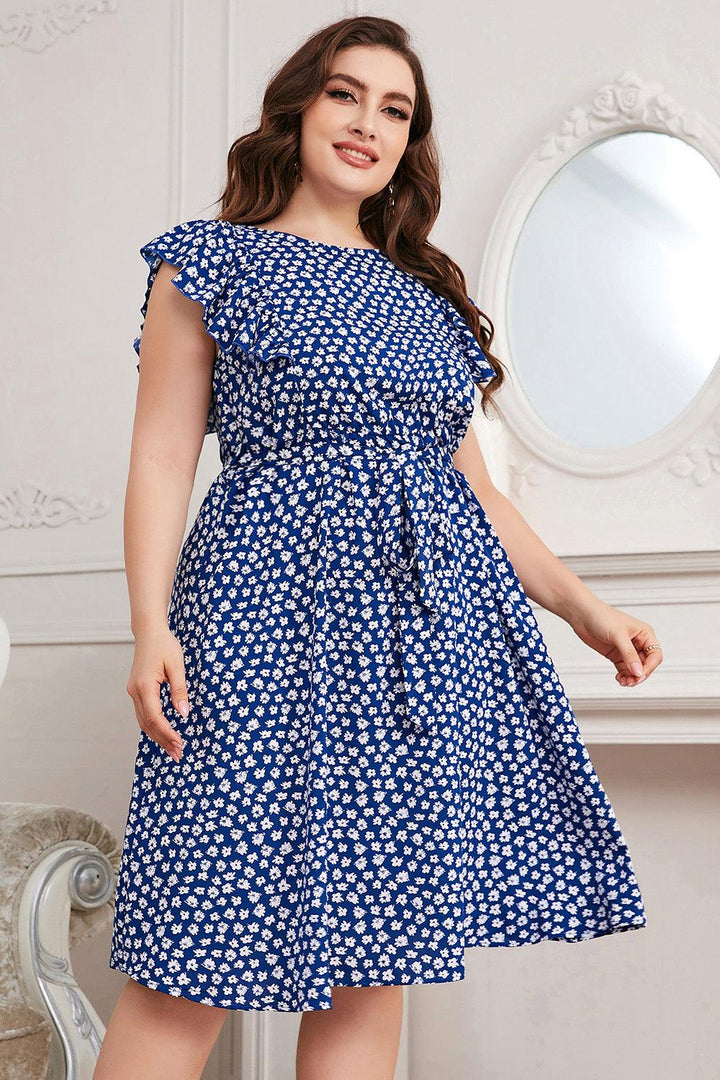 Plus Size Round Neck Tie Waist Dress - Lucianne Boutique