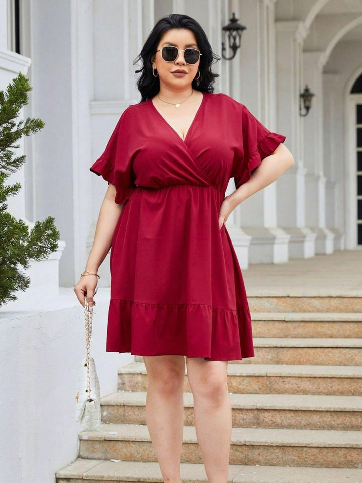 Plus Size Ruched Surplice Flounce Sleeve Mini Dress - Lucianne Boutique