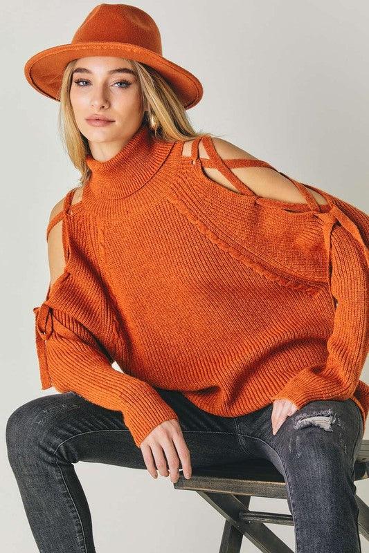 Solid Turtleneck Cutout Long Sleeve Sweater
