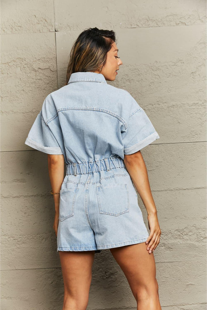 Collared Neck Denim Romper with Pockets - Lucianne Boutique