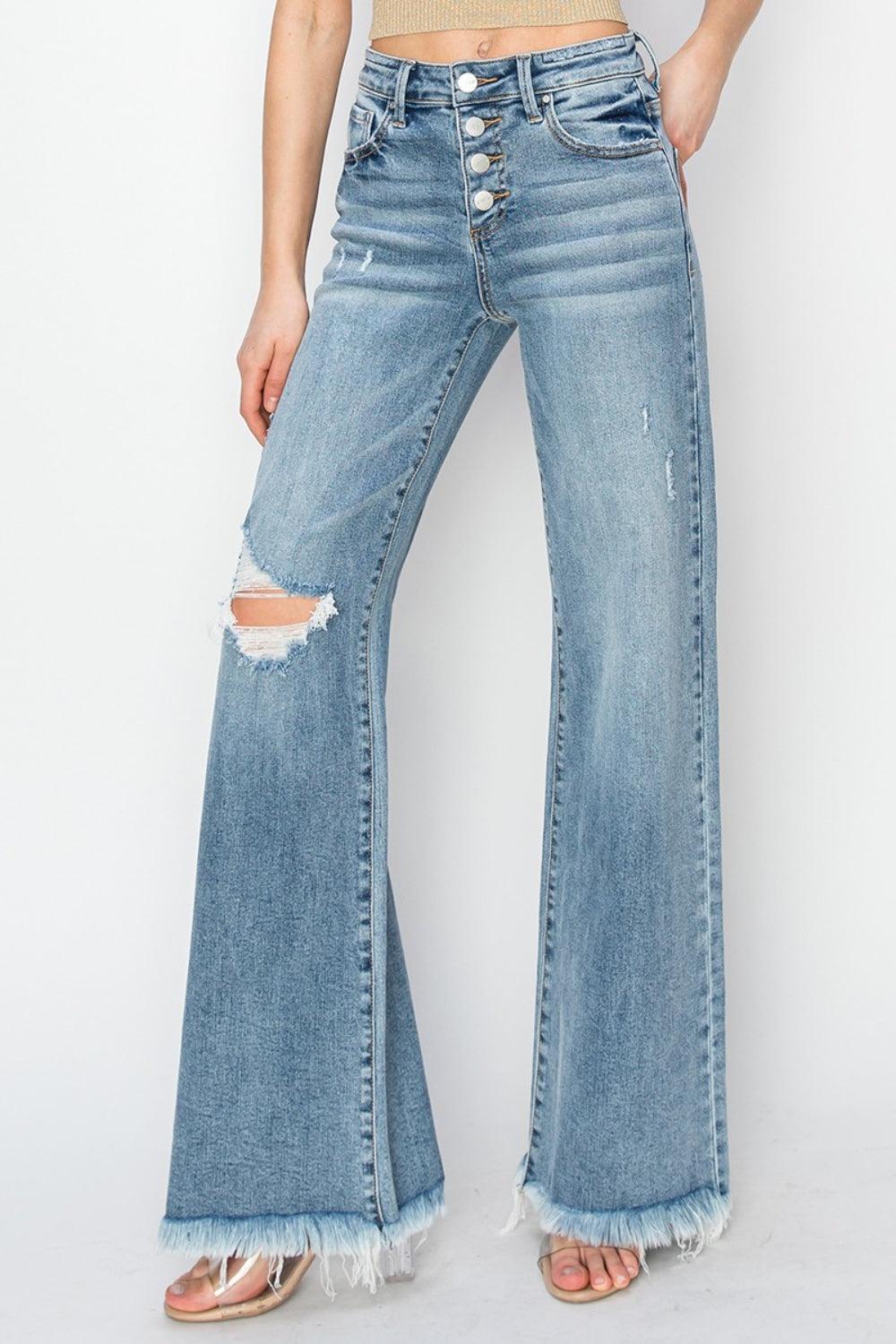 RISEN Mid Rise Button Fly Wide Leg Jeans - Lucianne Boutique