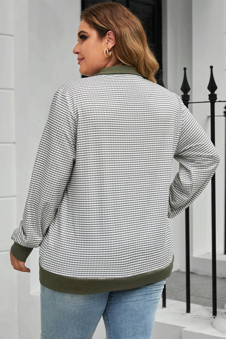 Plus Size Striped Half Snap Long Sleeve Blouse - Lucianne Boutique