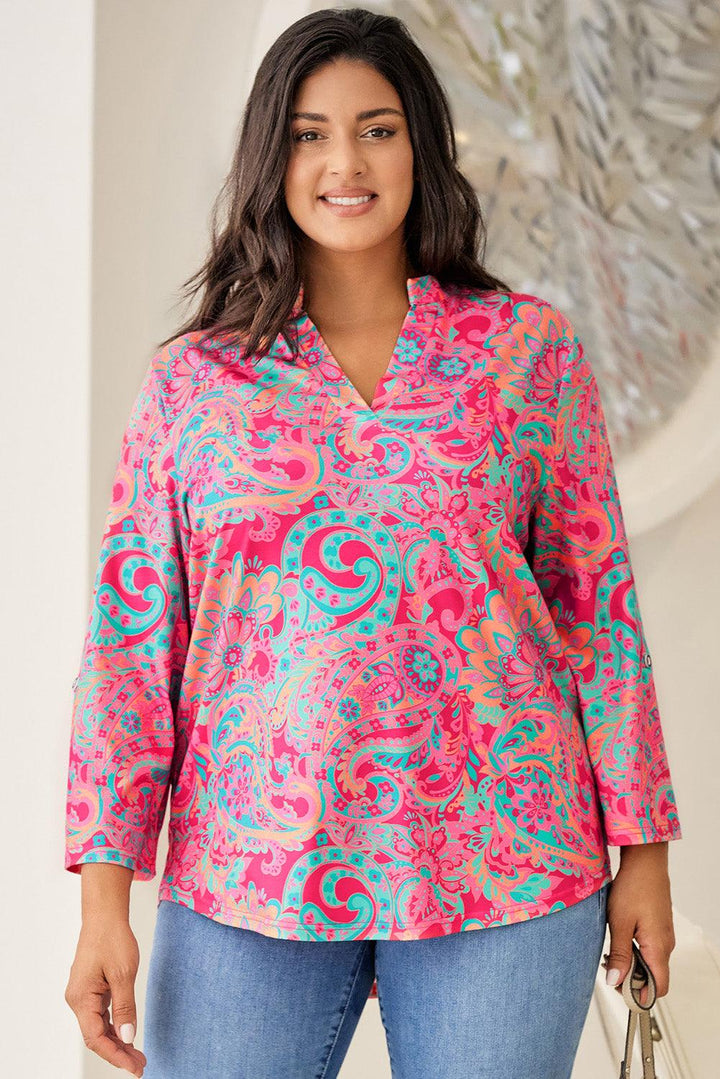 Plus Size Printed Notched Long Sleeve Blouse - Lucianne Boutique