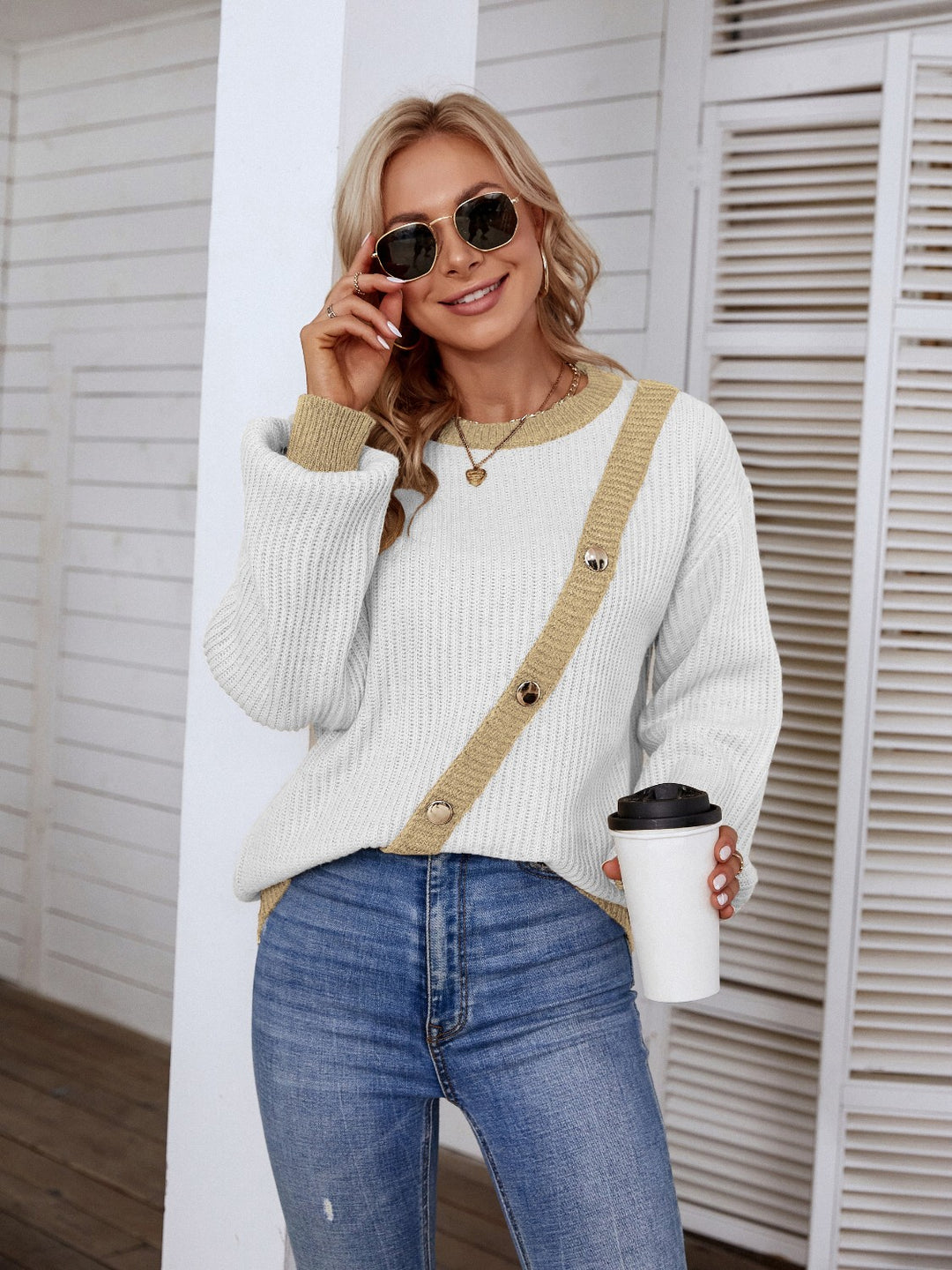 Decorative Button Round Neck Sweater