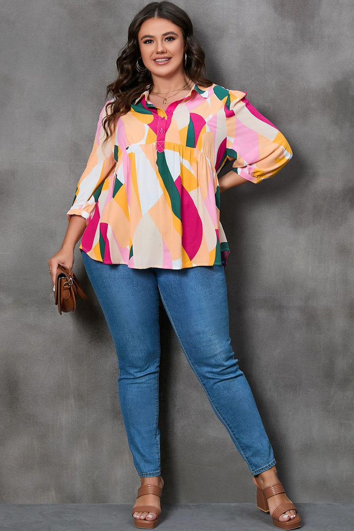 Plus Size Printed Collared Neck Half Button Top - Lucianne Boutique