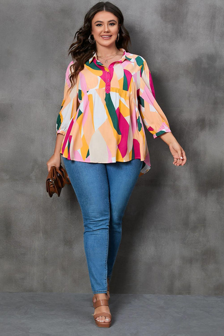 Plus Size Printed Collared Neck Half Button Top - Lucianne Boutique