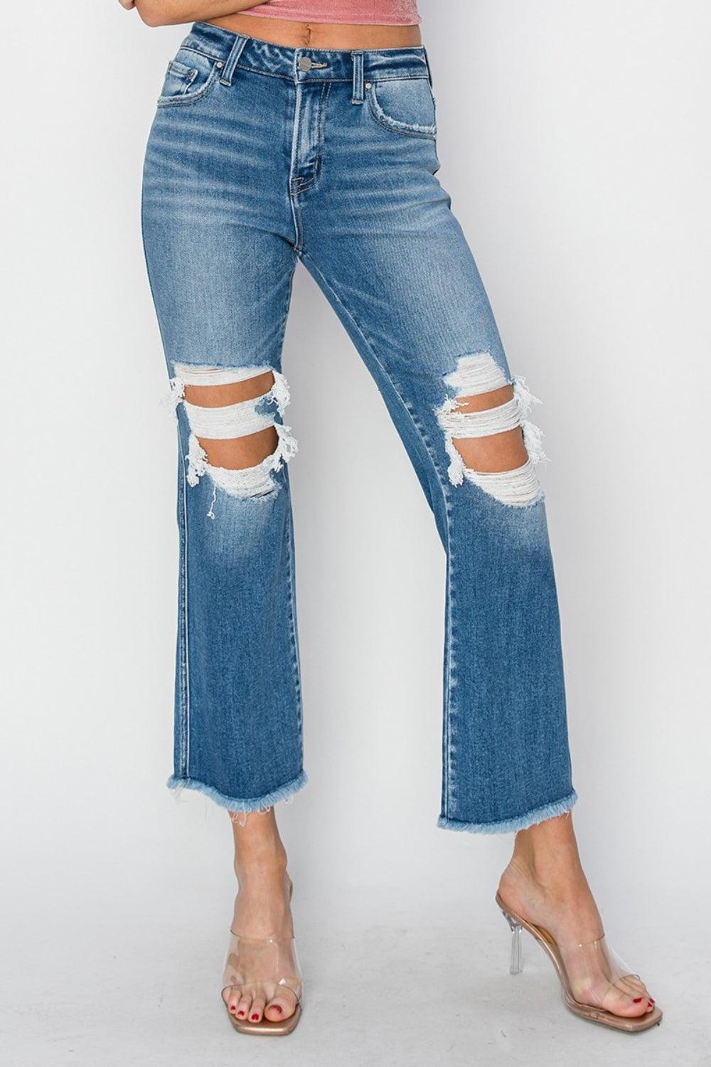 RISEN Mid Rise Distressed Cropped Flare Jeans - Lucianne Boutique