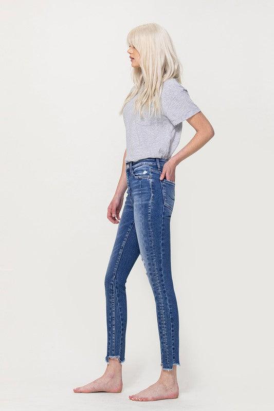 HIGH RISE ANKLE SKINNY W UNEVEN HEM DETAIL - Lucianne Boutique