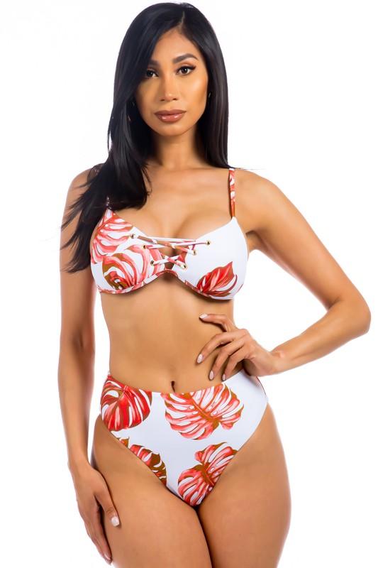 Two Piece Tropical Leave Print Bikini - Lucianne Boutique