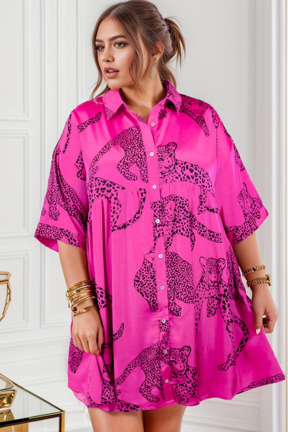 Plus Size Tiger Printed Button Up Half Sleeve Dress - Lucianne Boutique