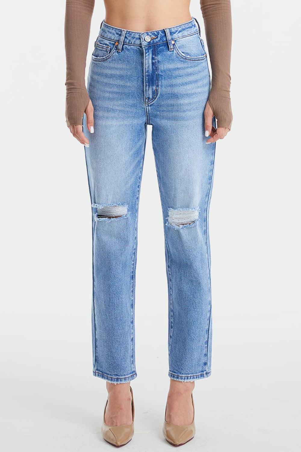 BAYEAS High Waist Distressed Cat's Whiskers Washed Straight Jeans - Lucianne Boutique