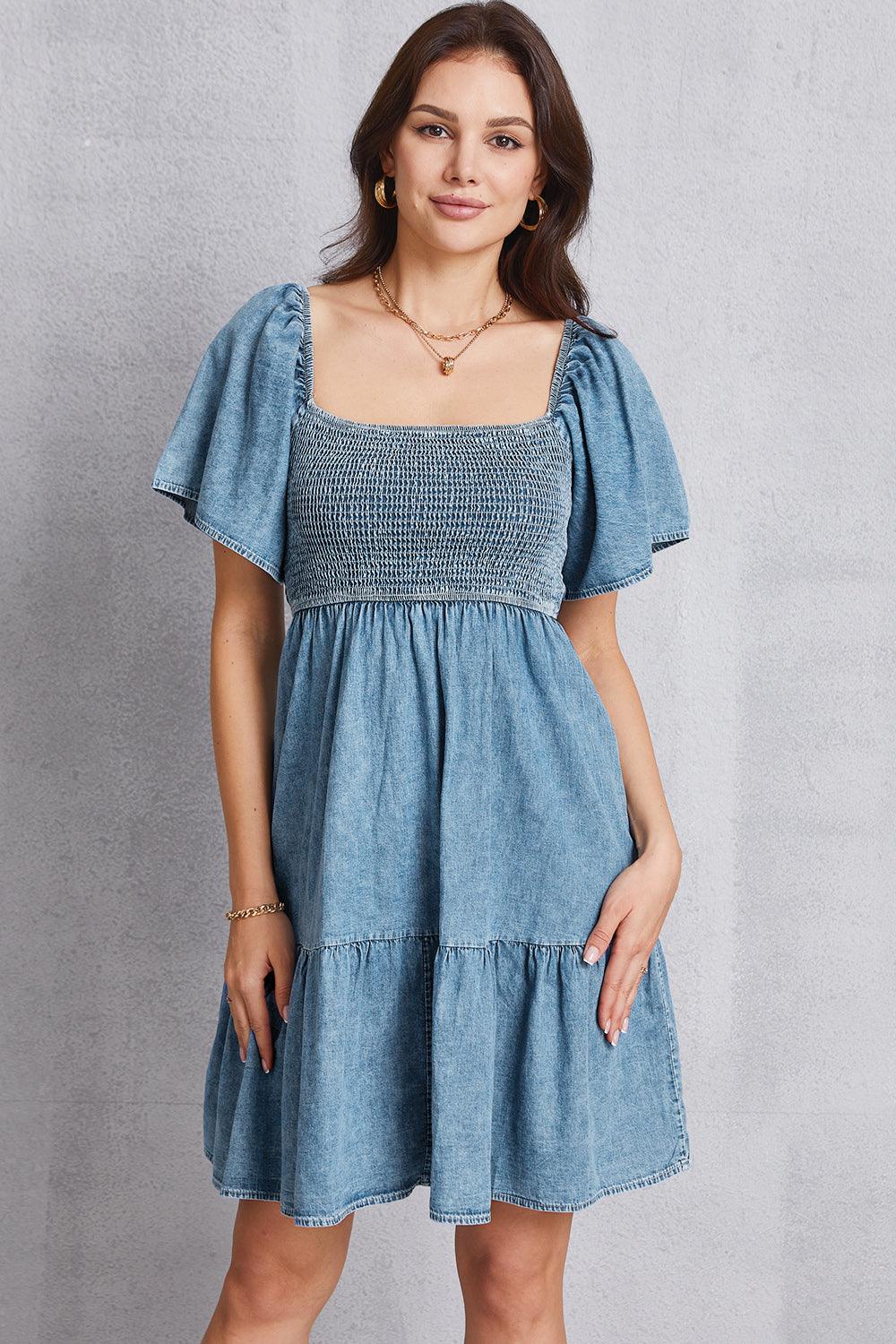 Smocked Square Neck Mini Denim Dress - Lucianne Boutique