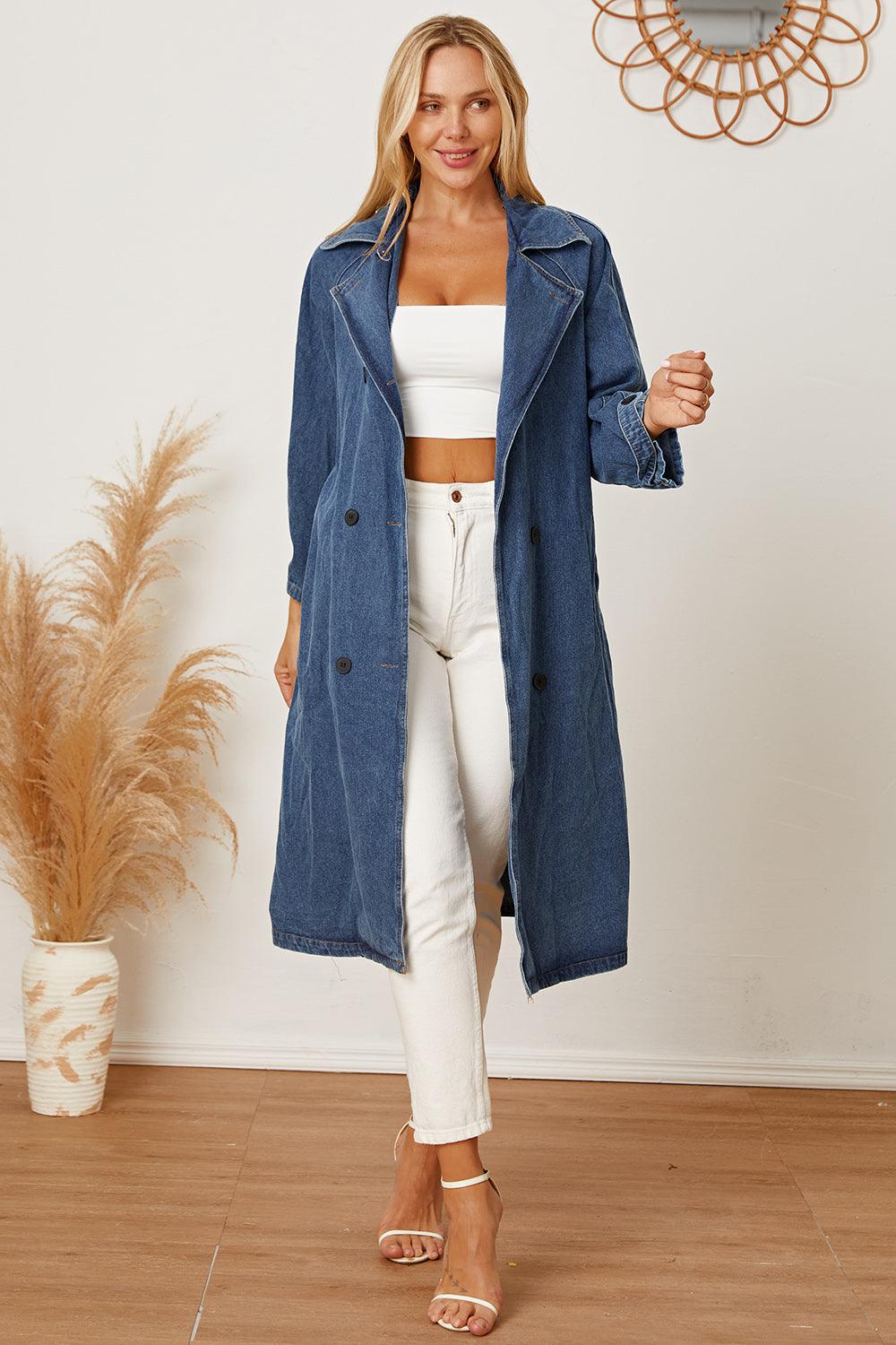 Double-Breasted Belted Longline Denim Jacket - Lucianne Boutique