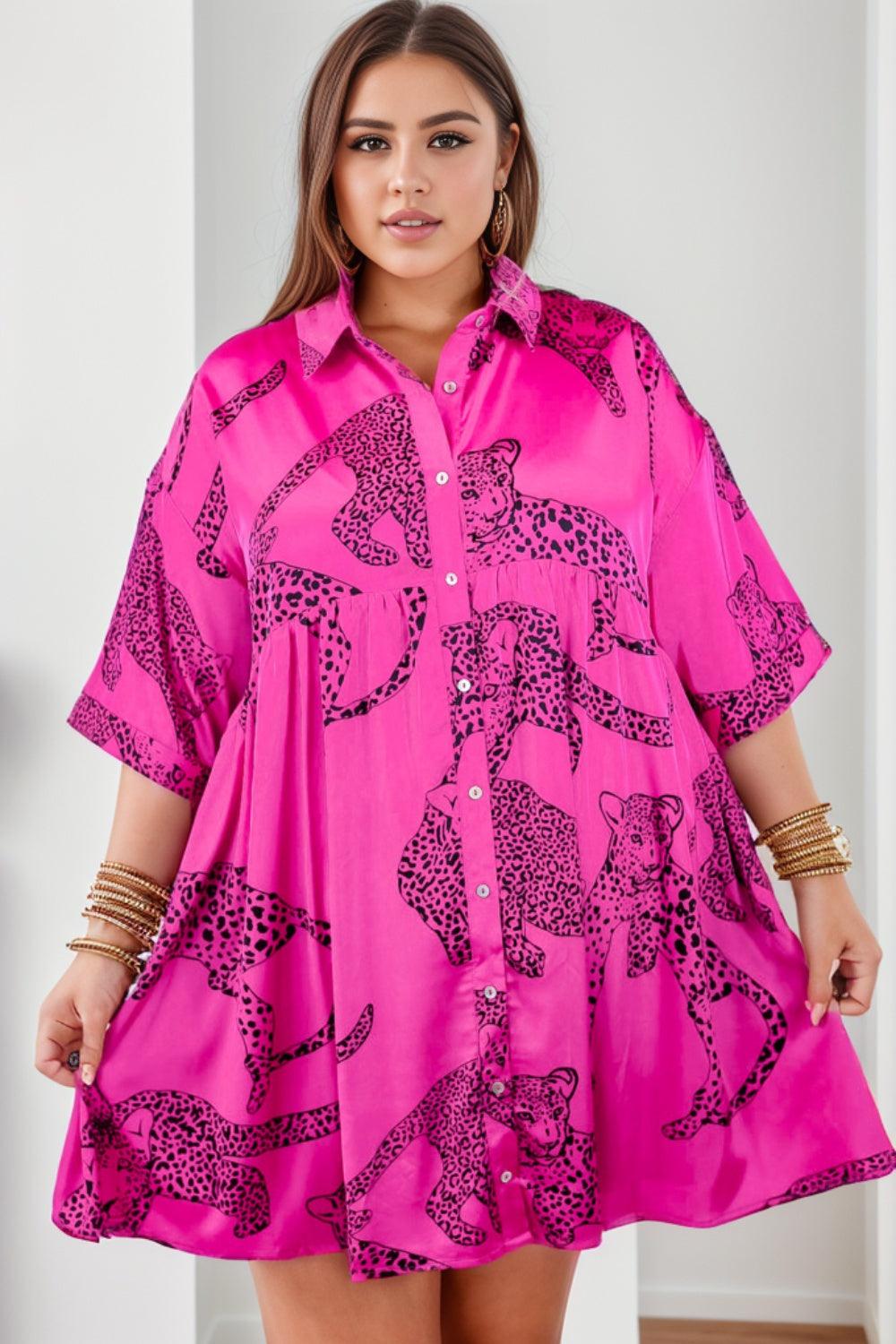 Plus Size Tiger Printed Button Up Half Sleeve Dress - Lucianne Boutique