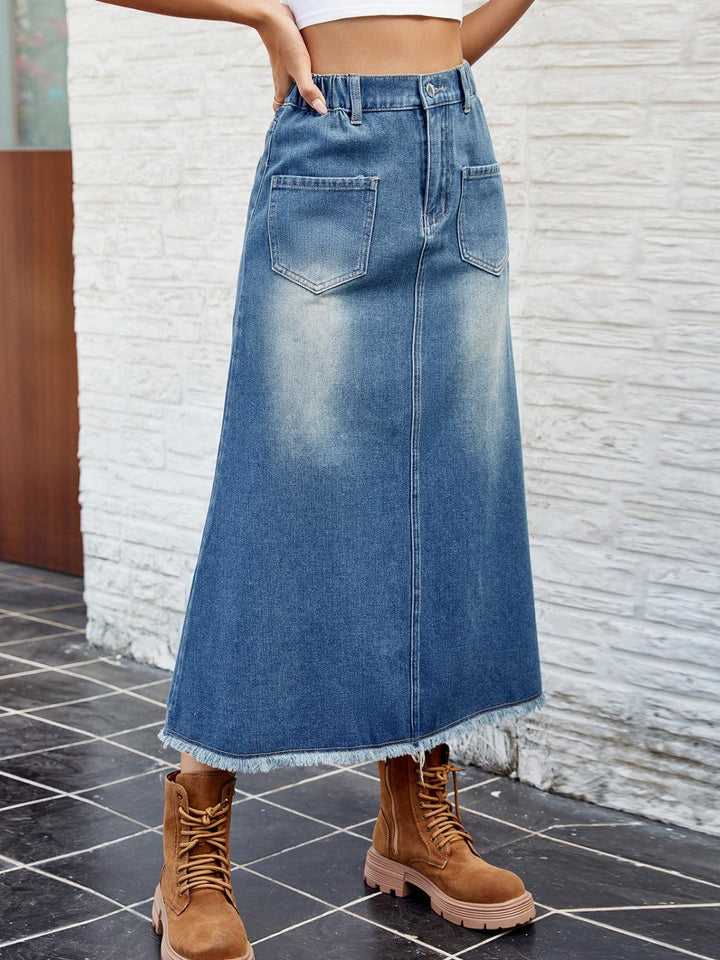 Raw Hem Buttoned Denim Skirt with Pockets - Lucianne Boutique