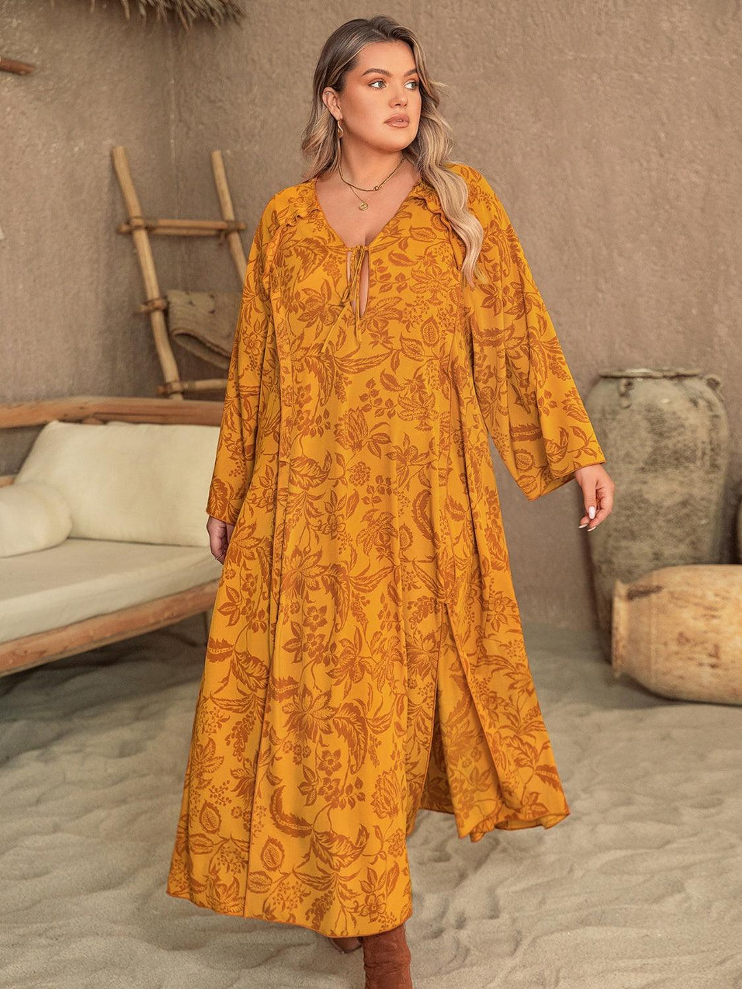 Plus Size Printed Slit Long Sleeve Dress - Lucianne Boutique