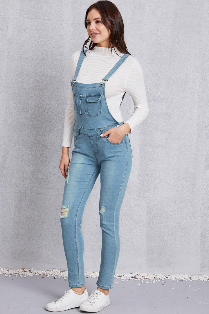 Distressed Washed Denim Overalls with Pockets - Lucianne Boutique