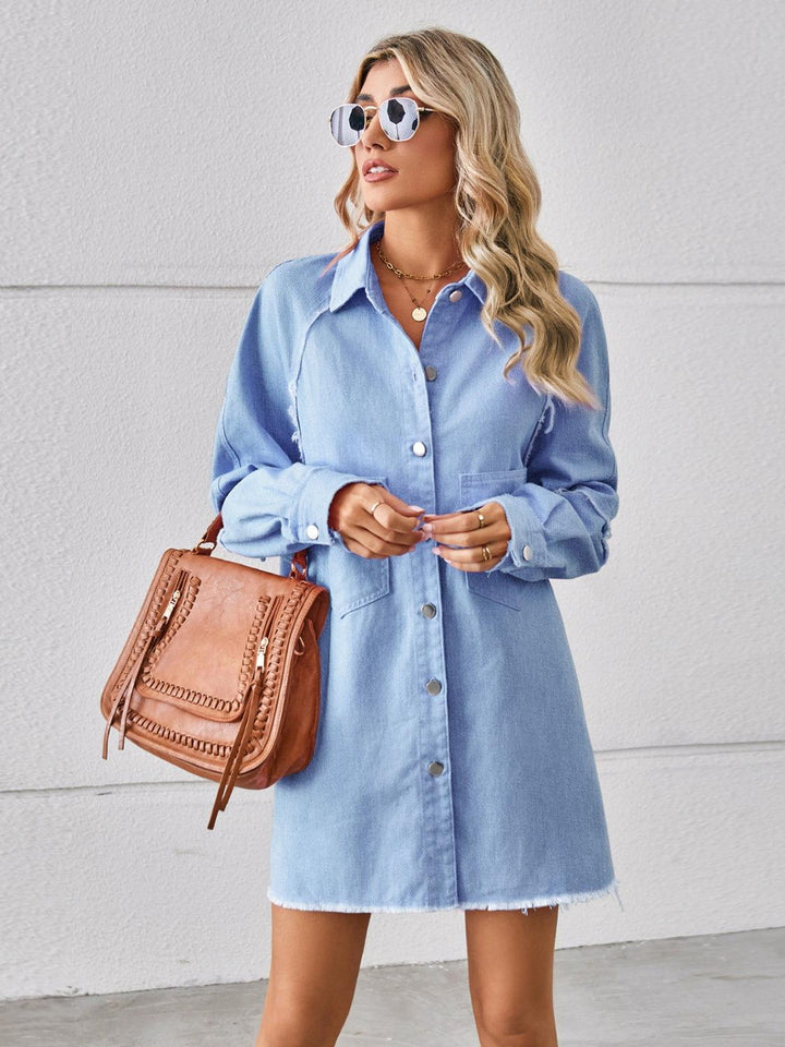 Raw Hem Button Up Denim Dress - Lucianne Boutique