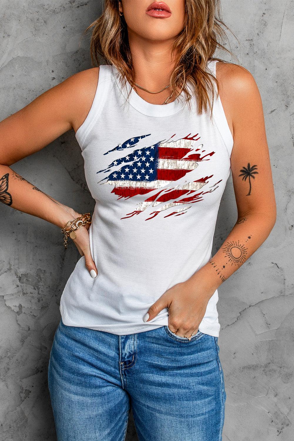 Full Size US Flag Graphic Round Neck Tank - Lucianne Boutique