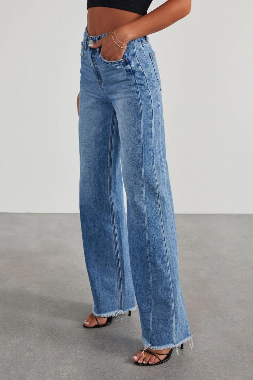 Raw Hem Wide Leg Jeans with Pockets - Lucianne Boutique