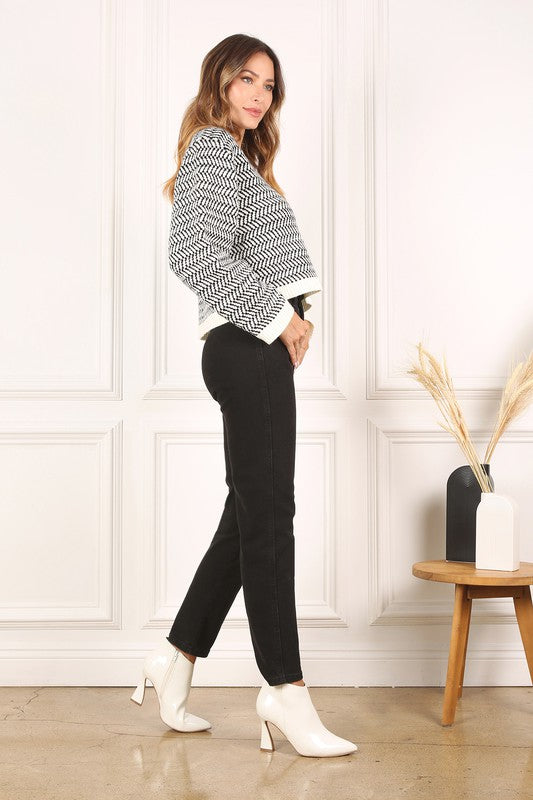 Herringbone Pattern Crew Neck Sweater - Lucianne Boutique