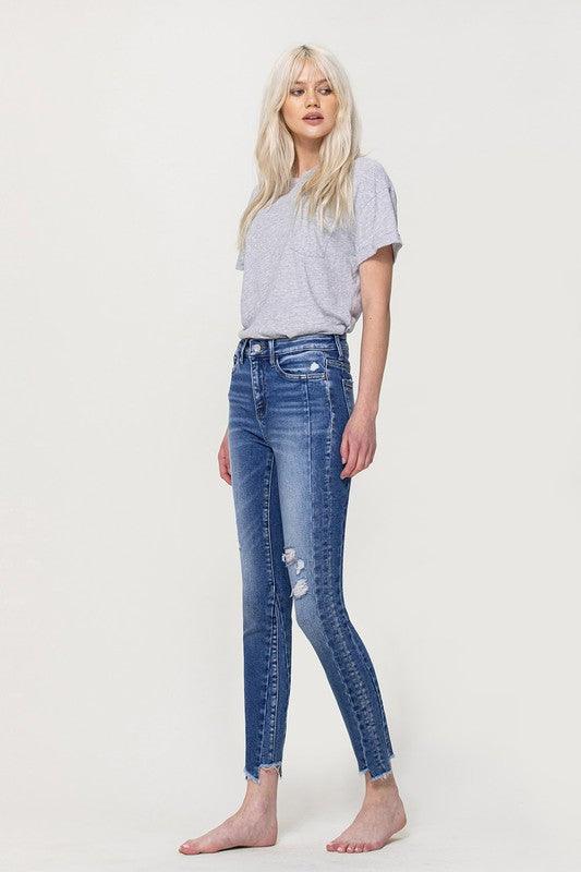 HIGH RISE ANKLE SKINNY W UNEVEN HEM DETAIL - Lucianne Boutique