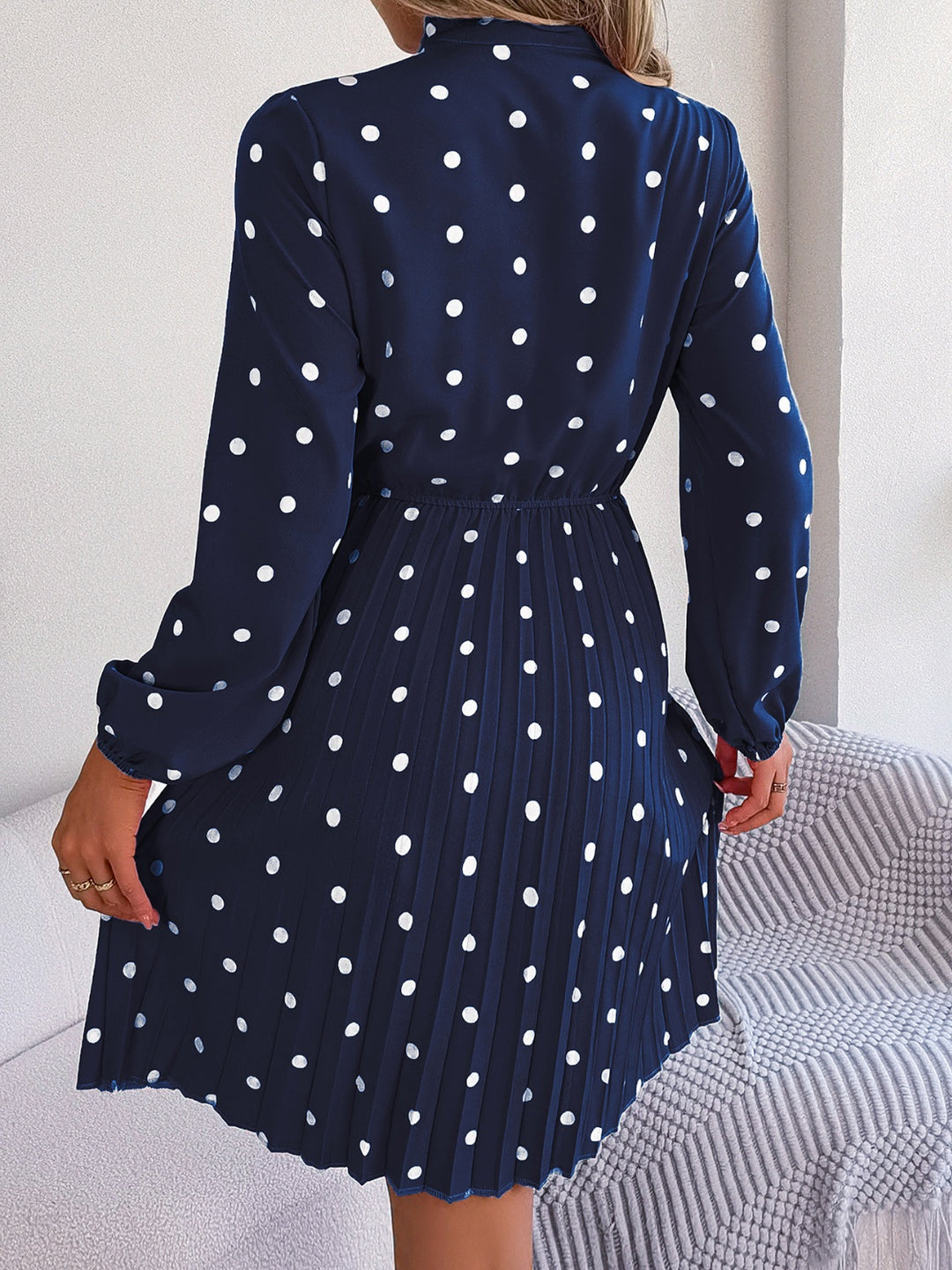 Polka Dot Tie Neck Pleated Dress