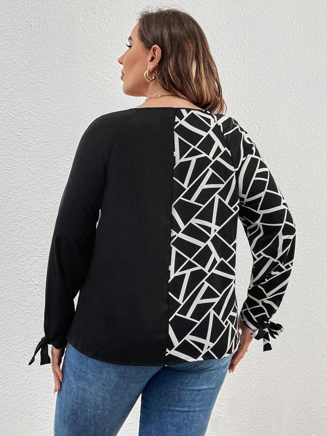 Plus Size Geometric V-Neck Long Sleeve T-Shirt - Lucianne Boutique