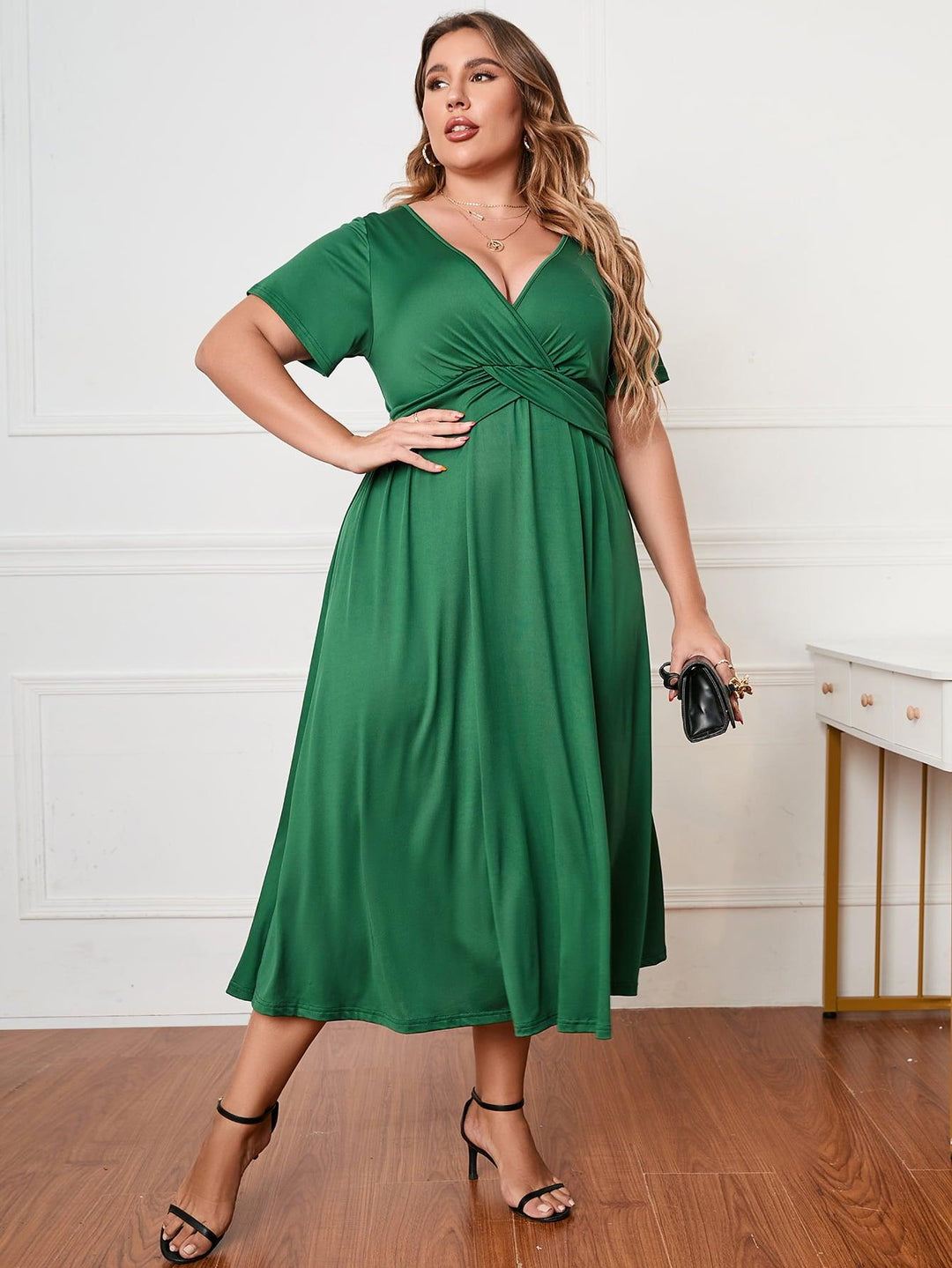 Plus Size Short Sleeve Surplice Neck Midi Dress - Lucianne Boutique