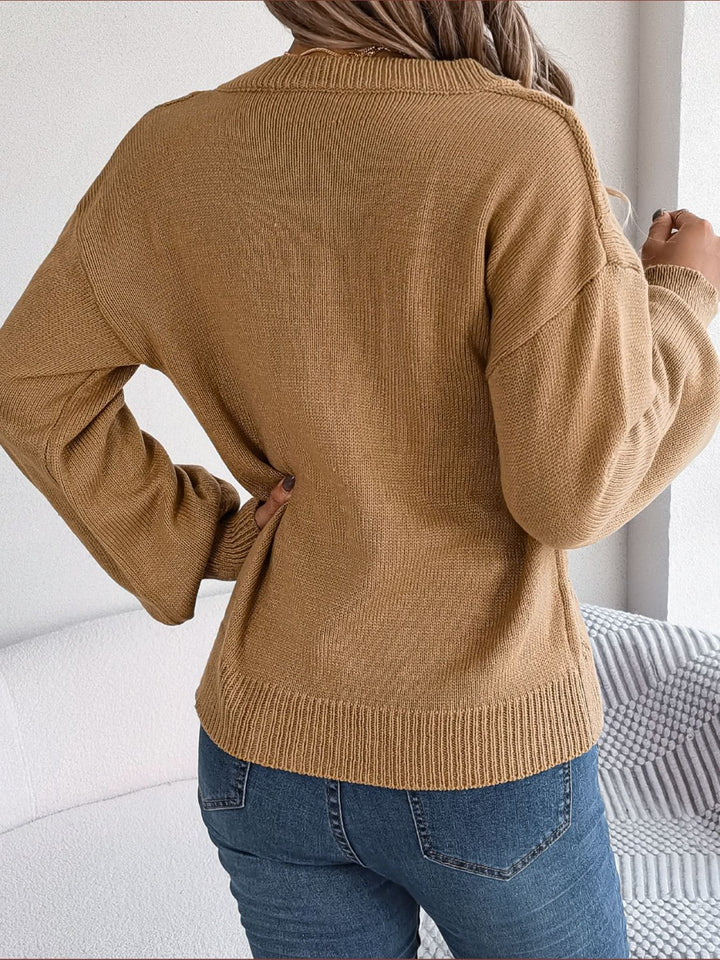 Cable-Knit Buttoned V-Neck Sweater