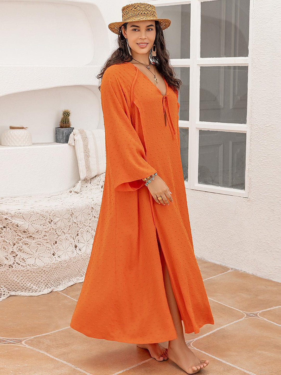 Plus Size Tie Neck Long Sleeve Slit Dress - Lucianne Boutique