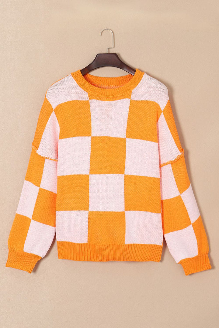 Checkered Exposed Seam Drooped Shoulder Sweater