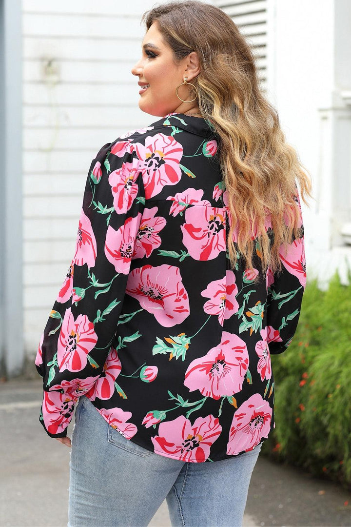 Plus Size Printed Collared Neck Long Sleeve Shirt - Lucianne Boutique
