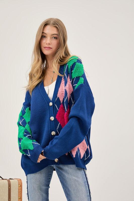 Plush Argyle Button Front Loose Fit Knit Cardigan - Lucianne Boutique