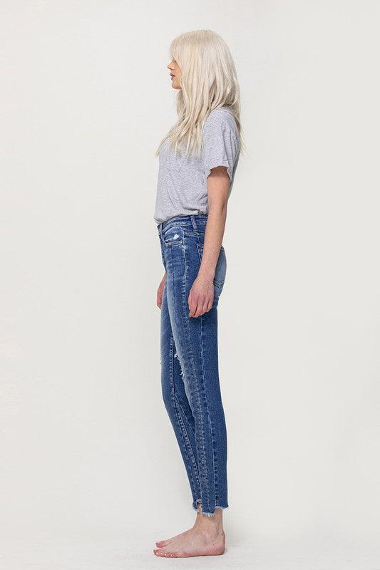 HIGH RISE ANKLE SKINNY W UNEVEN HEM DETAIL - Lucianne Boutique