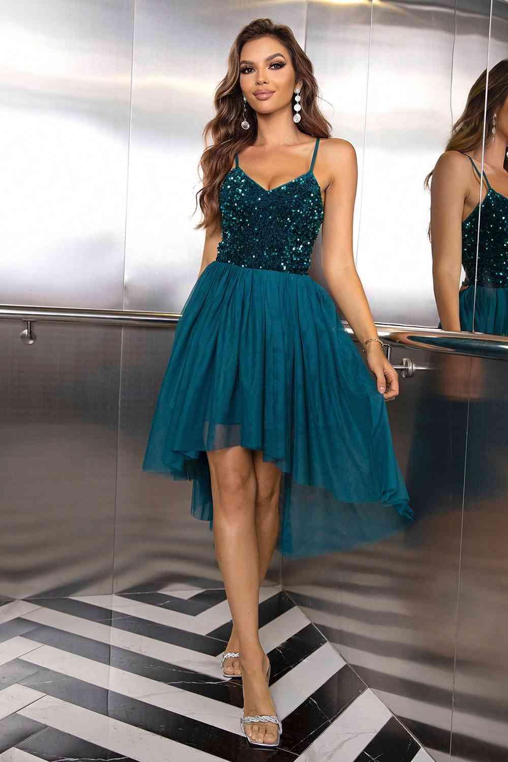 Sequin Spaghetti Strap High-Low Dress - Lucianne Boutique