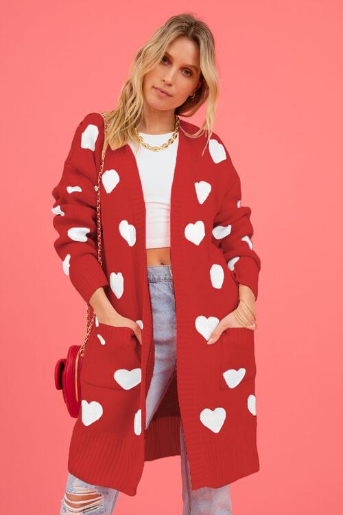 Heart Graphic Open Front Cardigan with Pockets - Lucianne Boutique