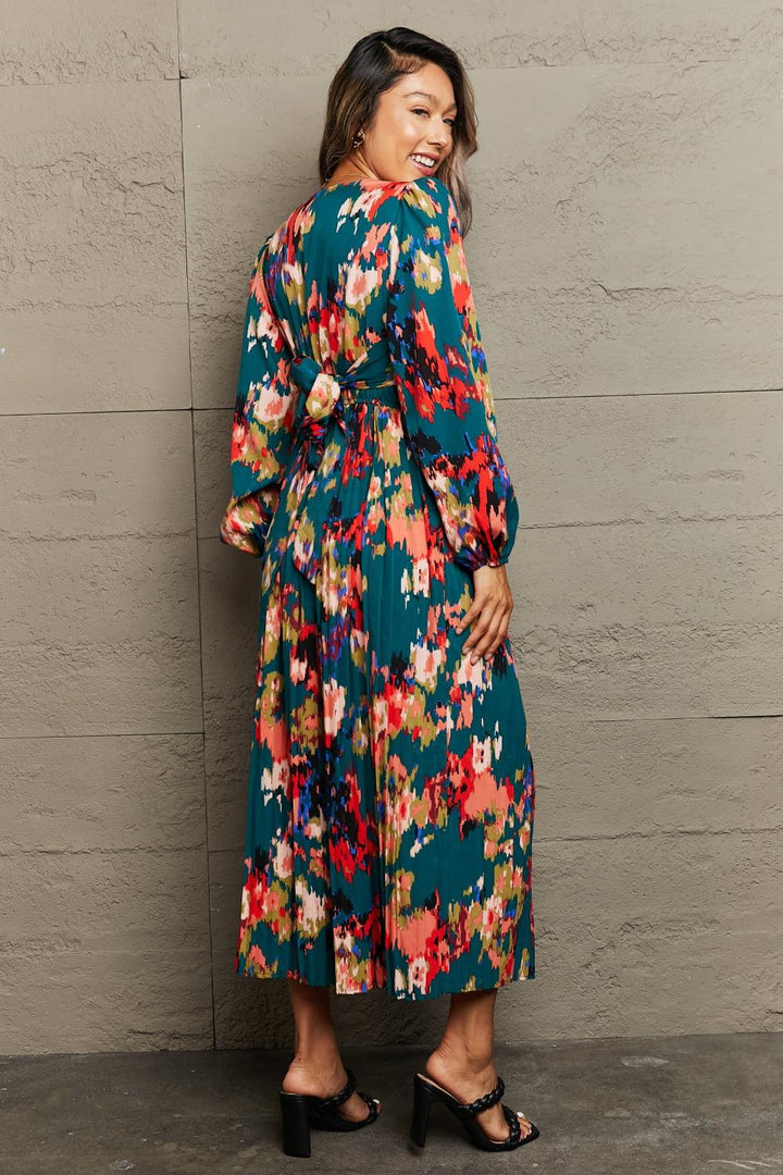 Printed Deep V Slit Pleated Dress - Lucianne Boutique