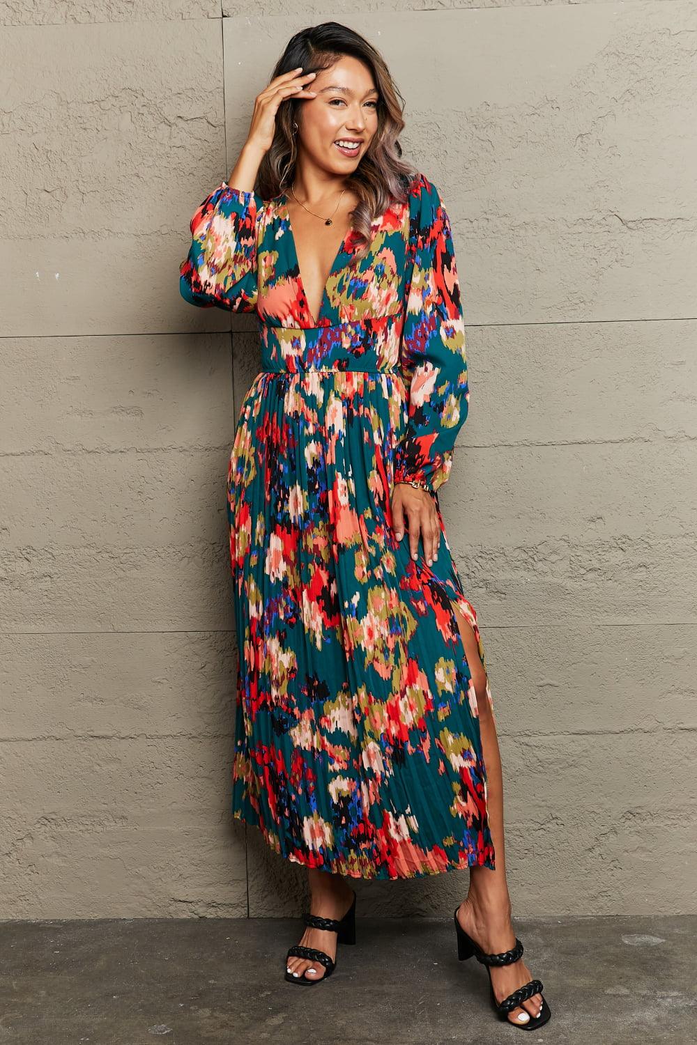 Printed Deep V Slit Pleated Dress - Lucianne Boutique