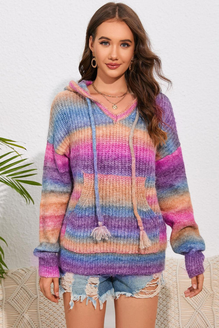 Multicolor Dropped Shoulder Hooded Sweater - Lucianne Boutique