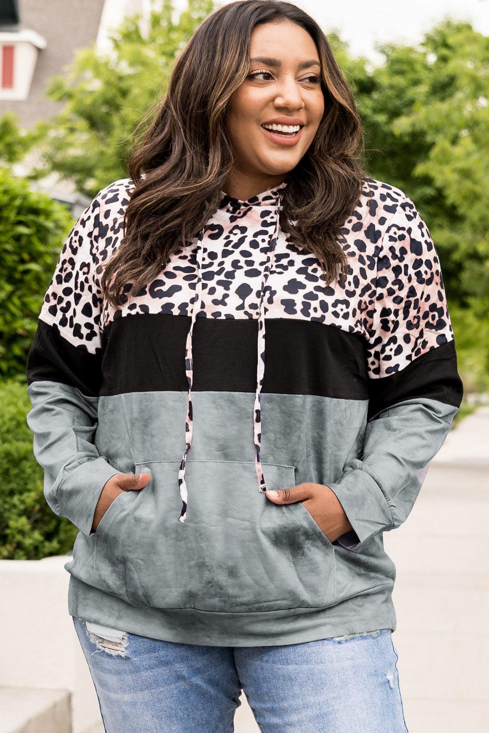 Plus Size Leopard Print Color Block Hoodie with Kangaroo Pocket - Lucianne Boutique