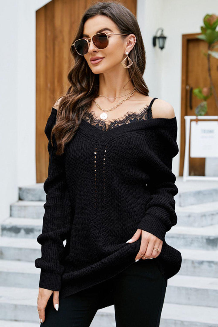 Openwork V-Neck Long Sleeve Sweater - Lucianne Boutique
