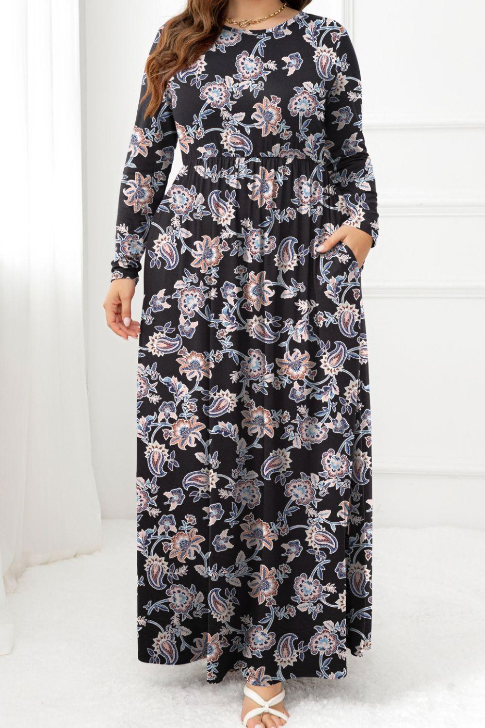 Plus Size Round Neck Long Sleeve Maxi Dress with Pockets - Lucianne Boutique